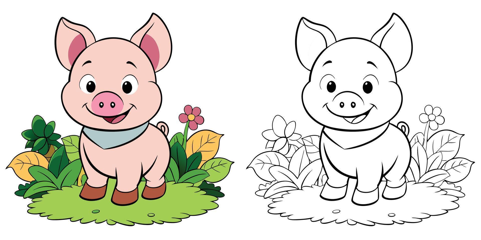 Cute Piglet Coloring Page For Kids Printable. Pink Piglet In Garden Cartoon Outline . Animal Cartoon Illustration vector