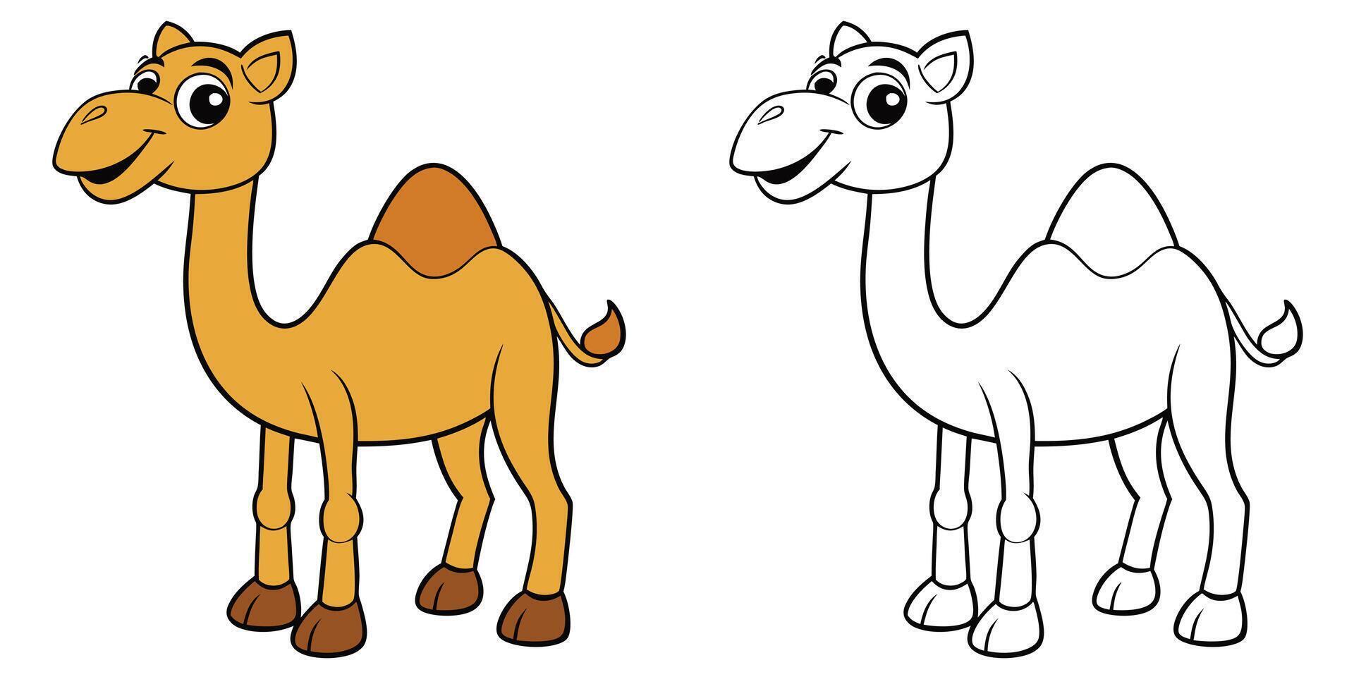 Funny Camel Cartoon Coloring Pages For Kids. Camel Coloring Book Printable. Camel Illustration With Black Outline. Easy Animals Coloring vector