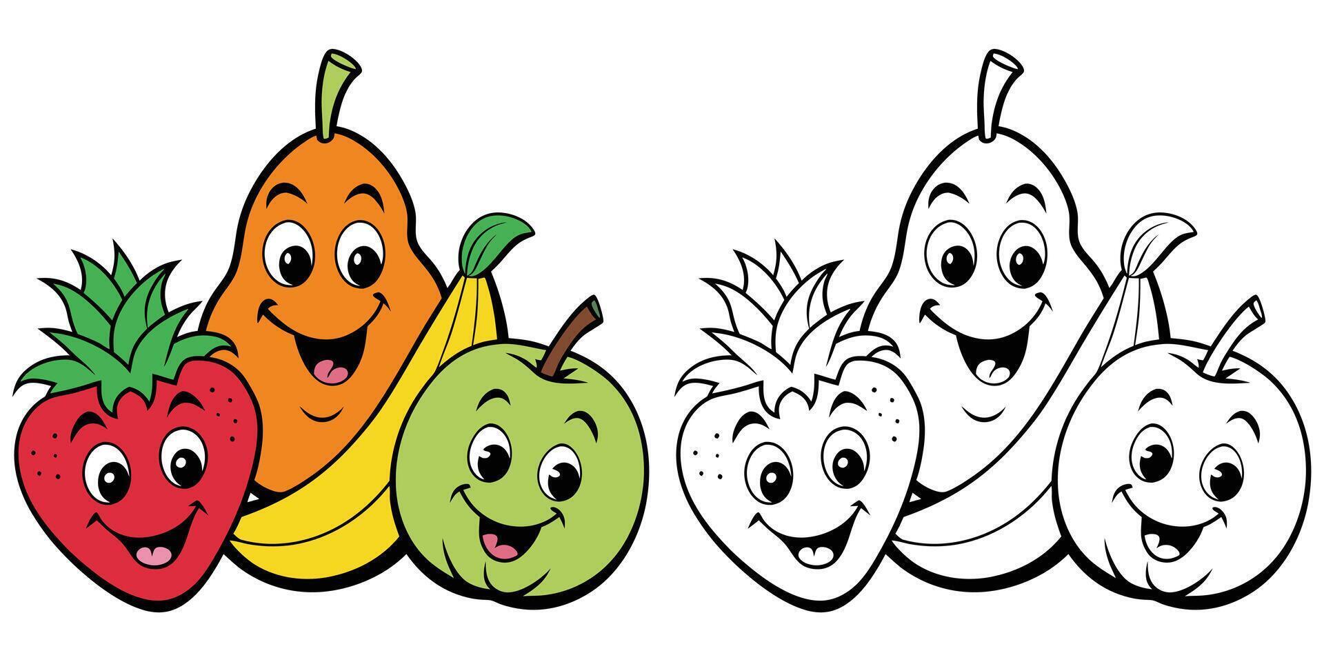 Kawaii Fruits Cartoon Smiling Coloring Pages For Kids. Easy Fruits Cartoon Character Coloring Book Printable. Fruits Cartoon Coloring Illustration vector