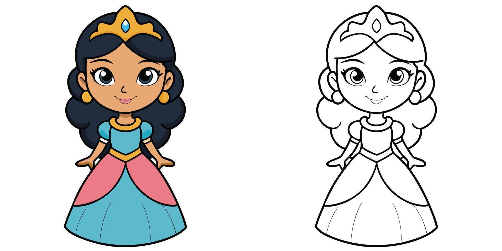 Cute Cinderella With Crown Cartoon Outline Coloring Page For Kids vector