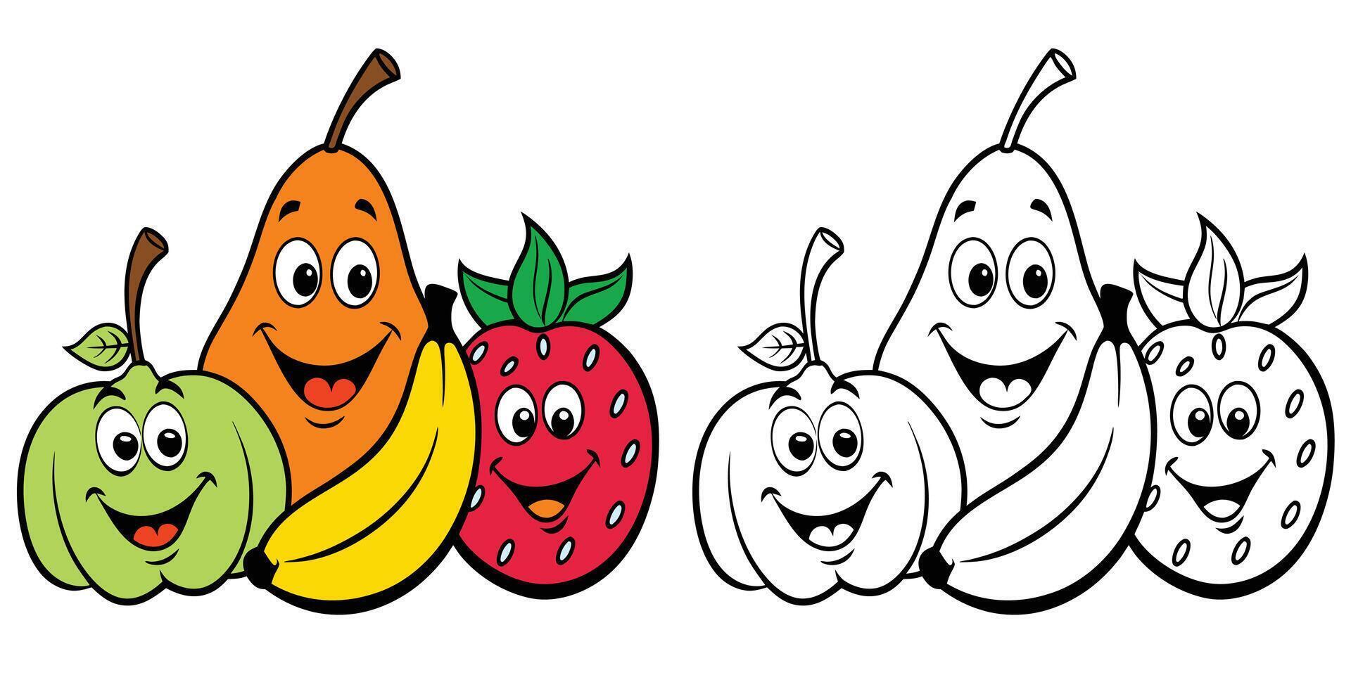 Happy Fruits Cartoon Smile Coloring Pages For Kids. Easy Fruits Cartoon Character Coloring Book Printable. Fruits Cartoon Illustration vector