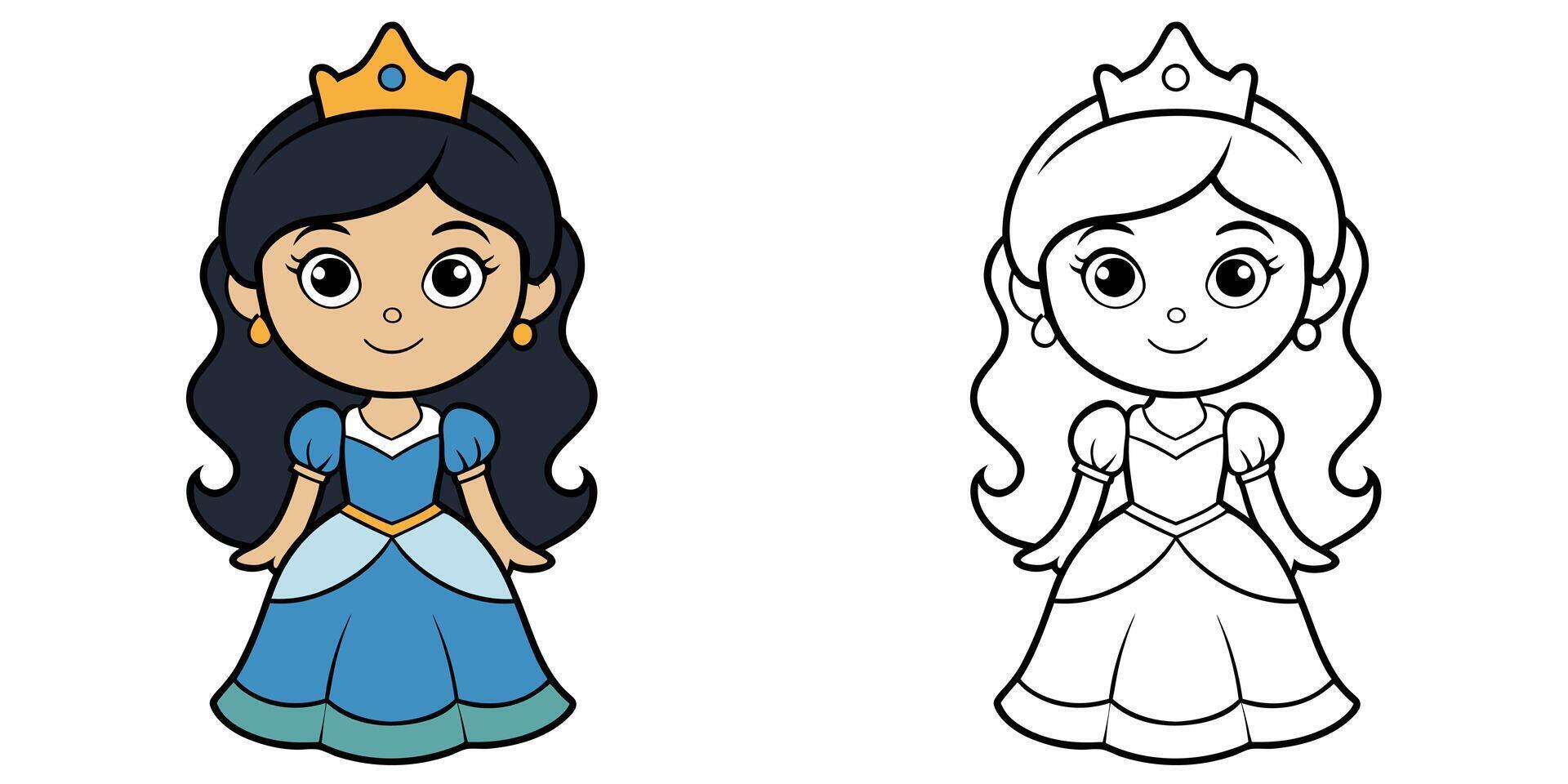Beauty Queen With Crown Cartoon Outline Coloring Page For Kids vector