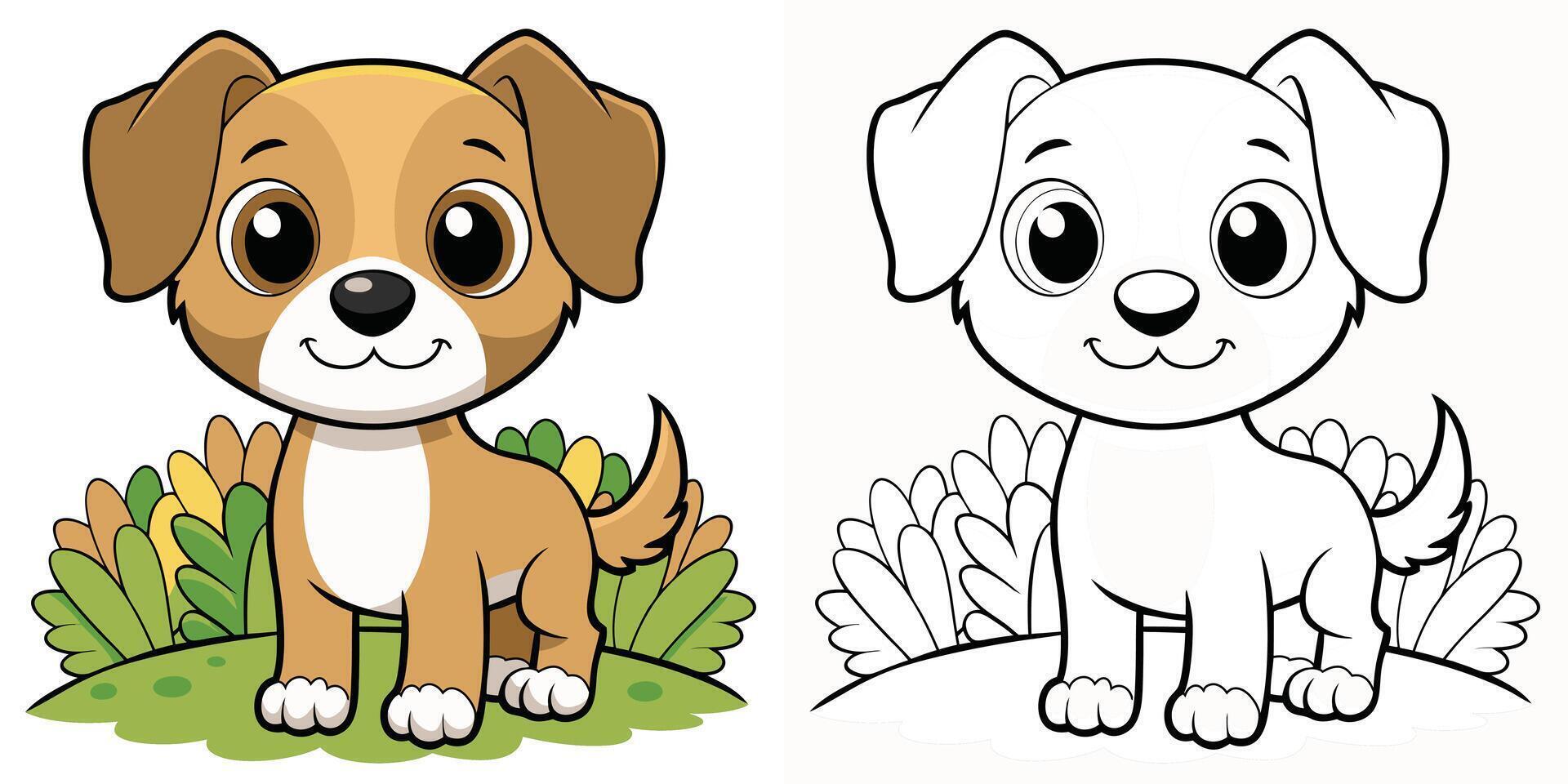 Cute Puppy Coloring Page For Kids Printable. Baby Dog In Garden Cartoon Outline . Animal Cartoon Illustration vector