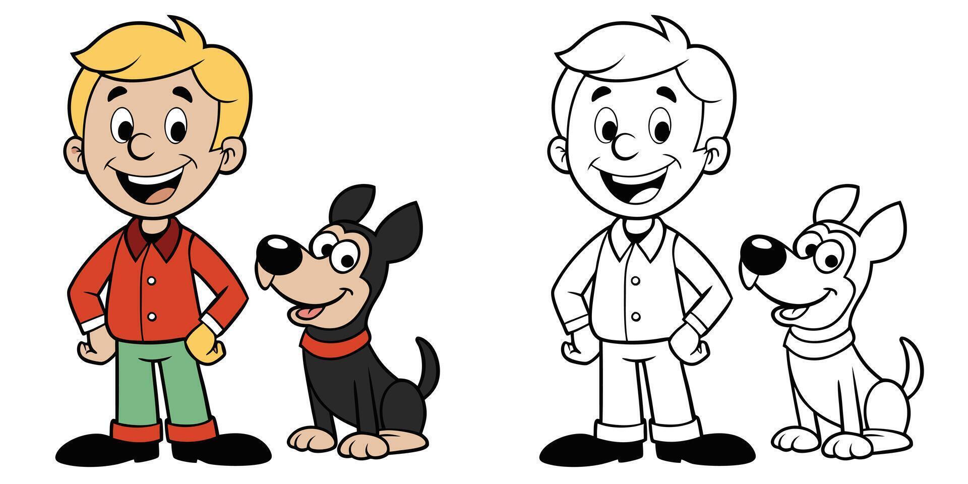 Funny Kid And Little Dog Are Smiling Cartoon Coloring Page For Kids vector