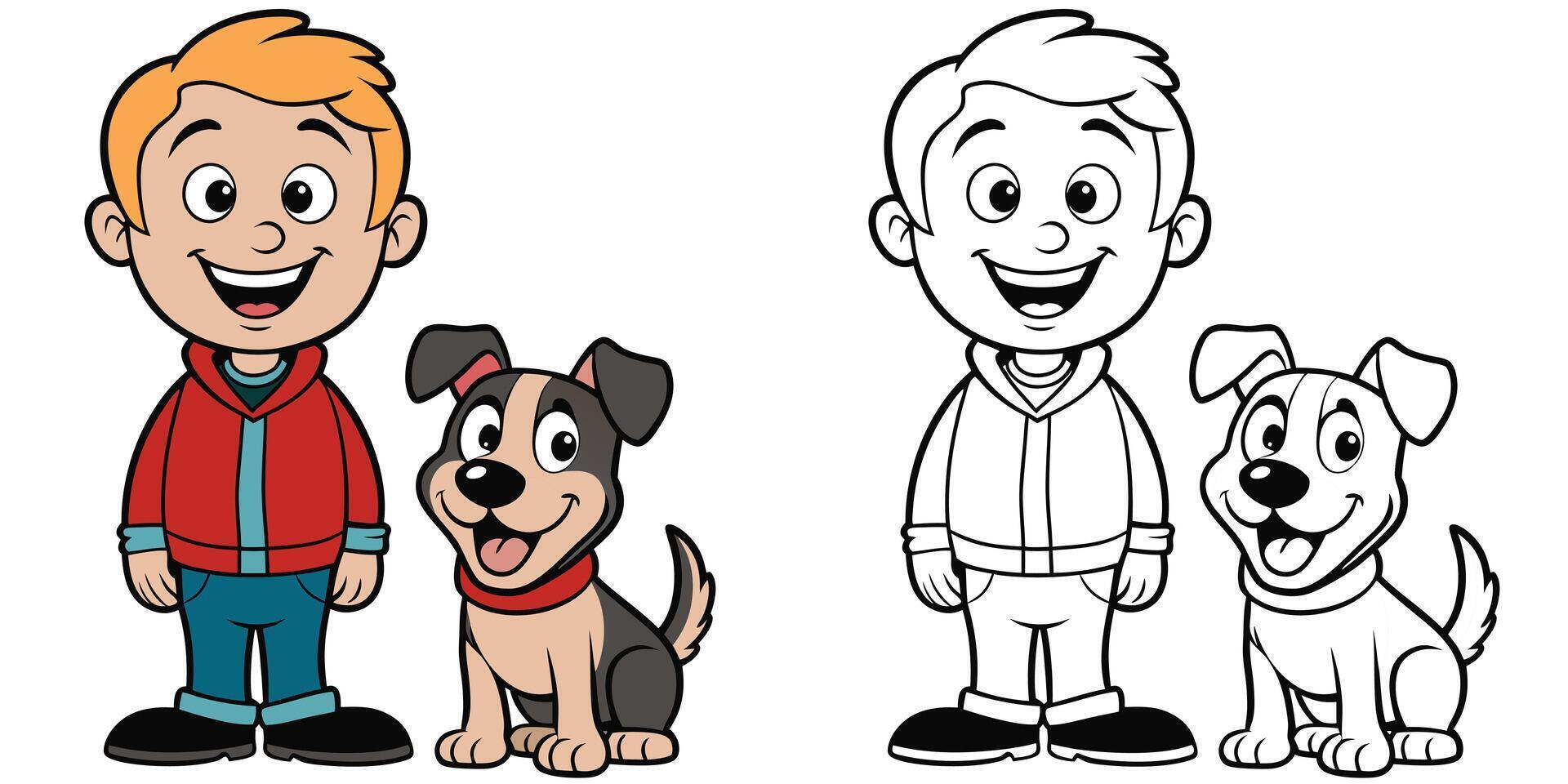 Happy Kid And Puppy Are Smiling Cartoon Coloring Page For Kids vector