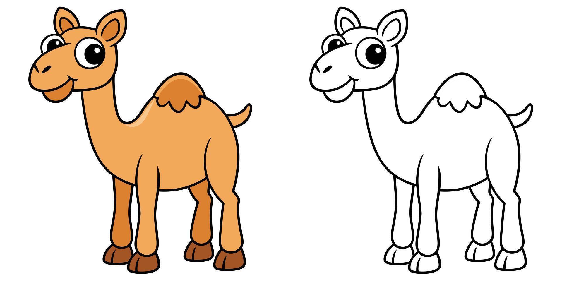 Cute Camel Cartoon Coloring Pages For Kids. Camel Coloring Book Printable. Camel Illustration With Black Outline. Easy Animals Coloring vector