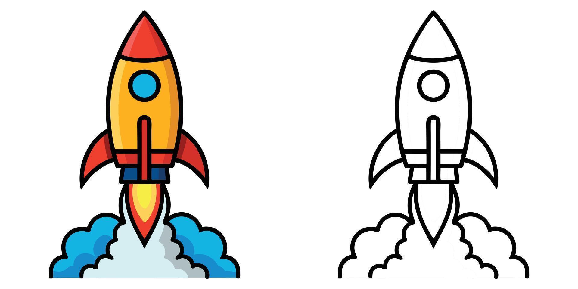 Rocket Launch Outline Coloring Page For Kids vector
