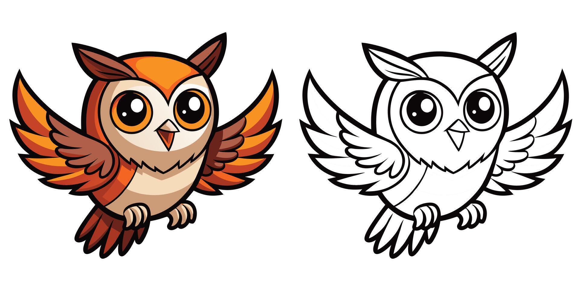 Cute Owl Flying Cartoon Outline Coloring Page For Kids. Animal Coloring Printable vector