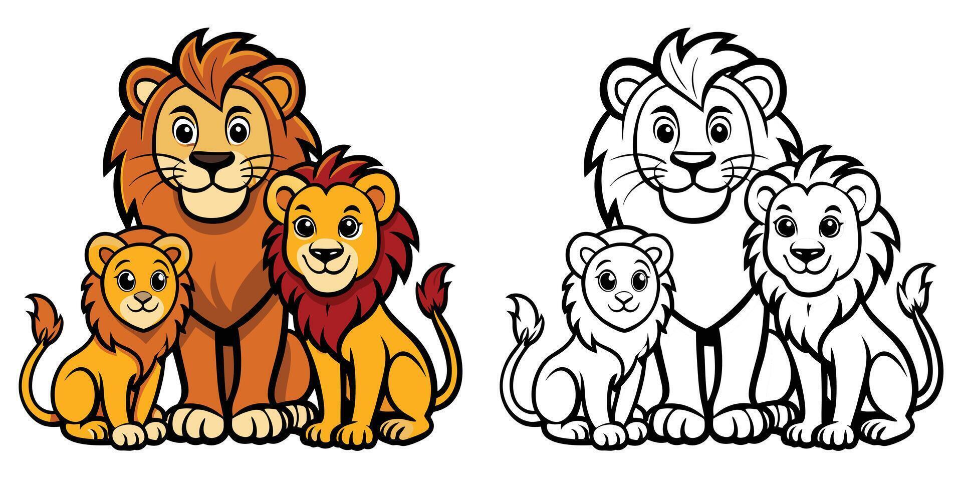 Cute Lion Family Cartoon Outline Coloring Page For Kids Printable vector