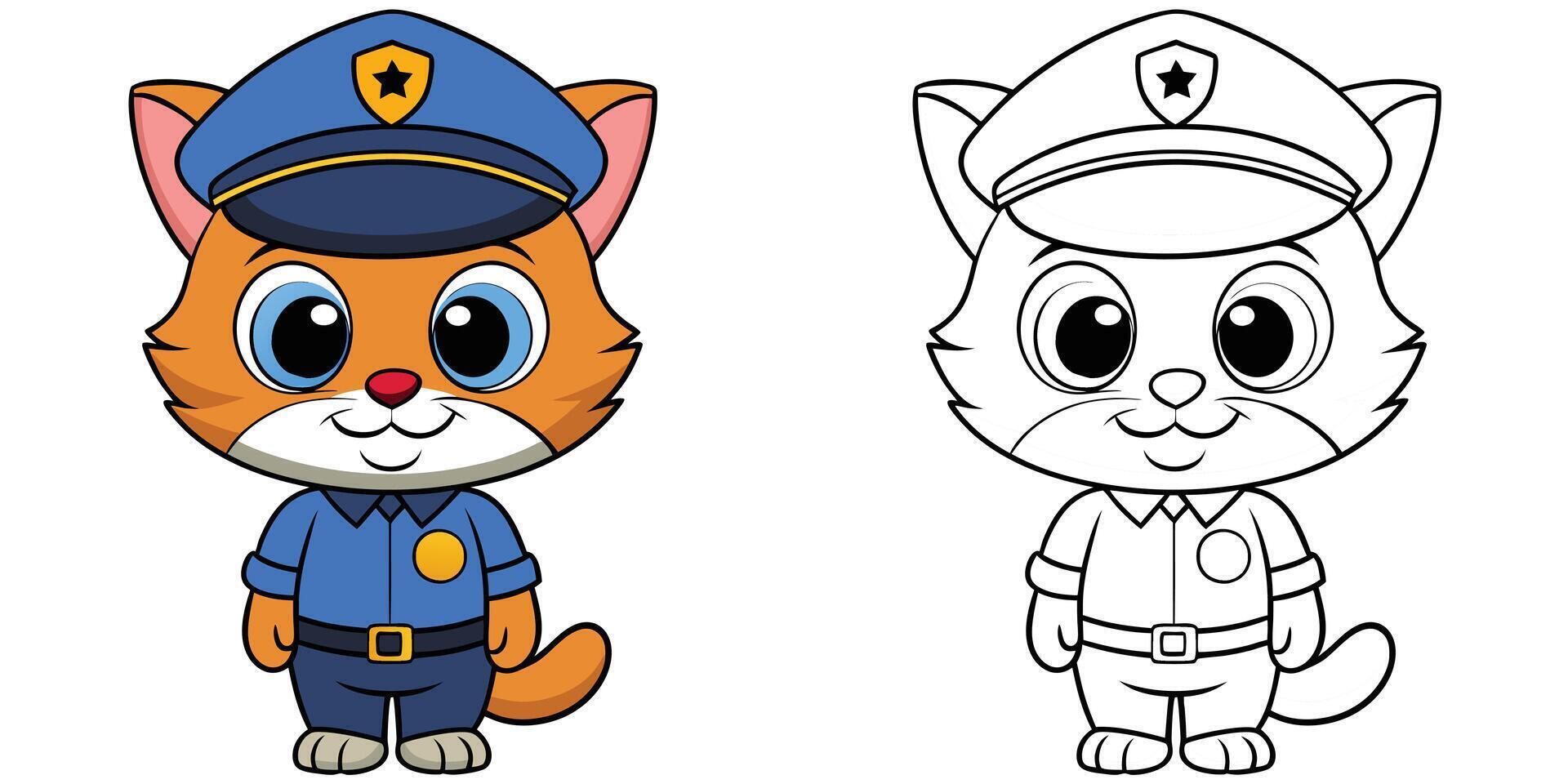 Cute Cat Police Coloring Book For Kids Illustration. Animal Cartoon Character. Cat Coloring Page vector