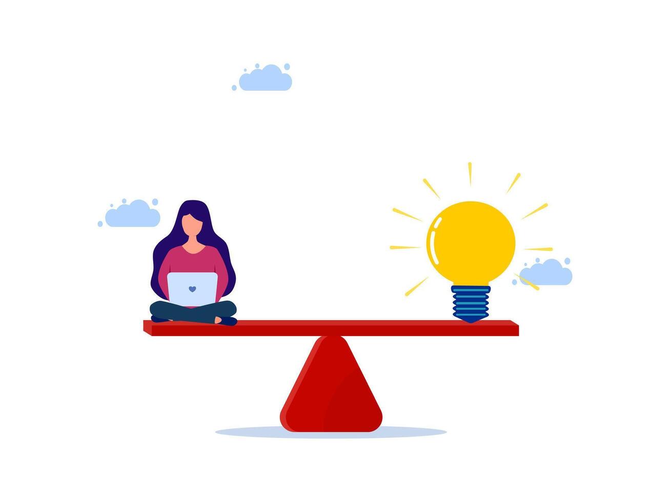 a woman sitting on a seesaw with a laptop and an idea bulb vector
