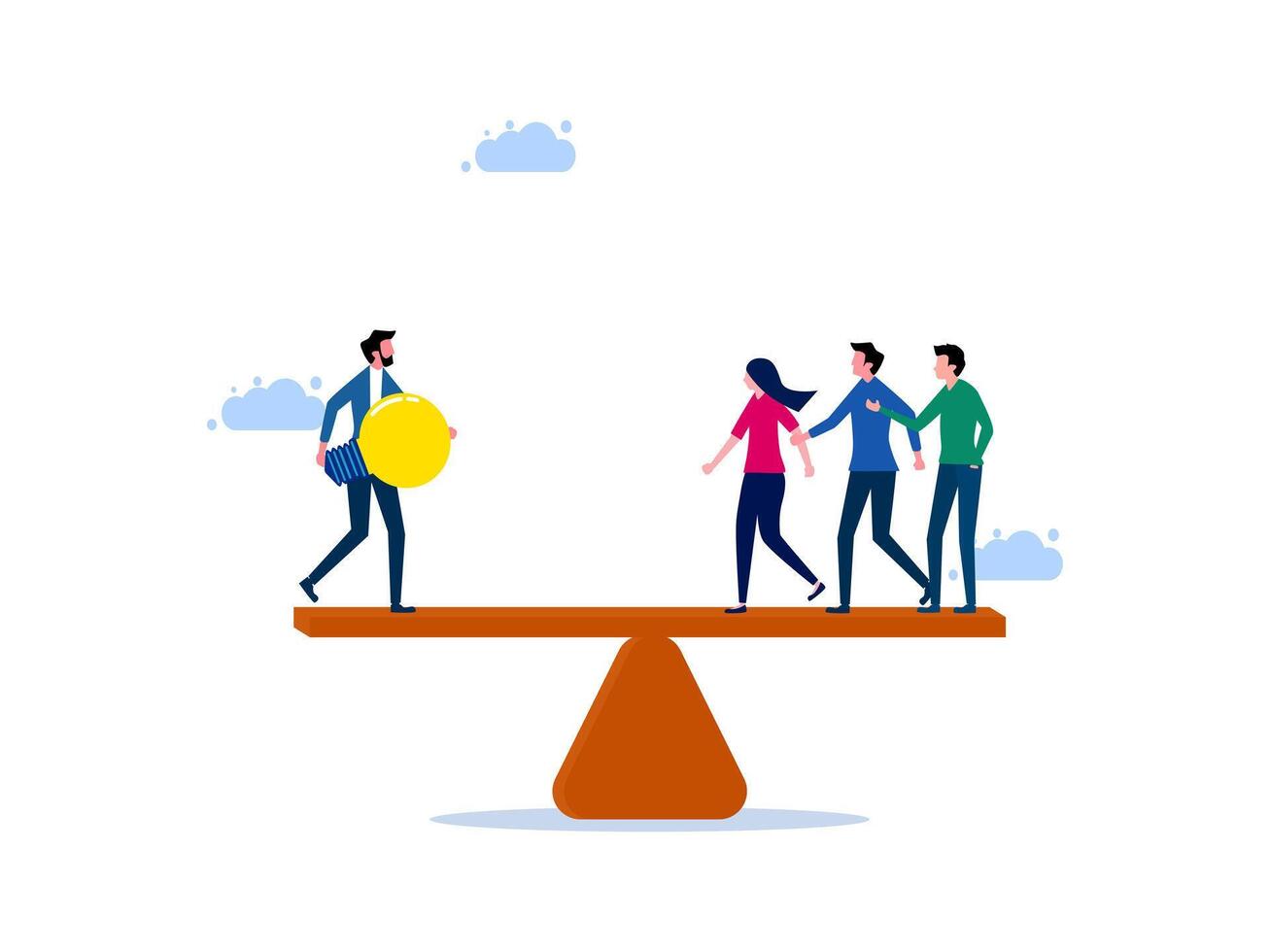 people standing on a balance scale with a yellow coin vector