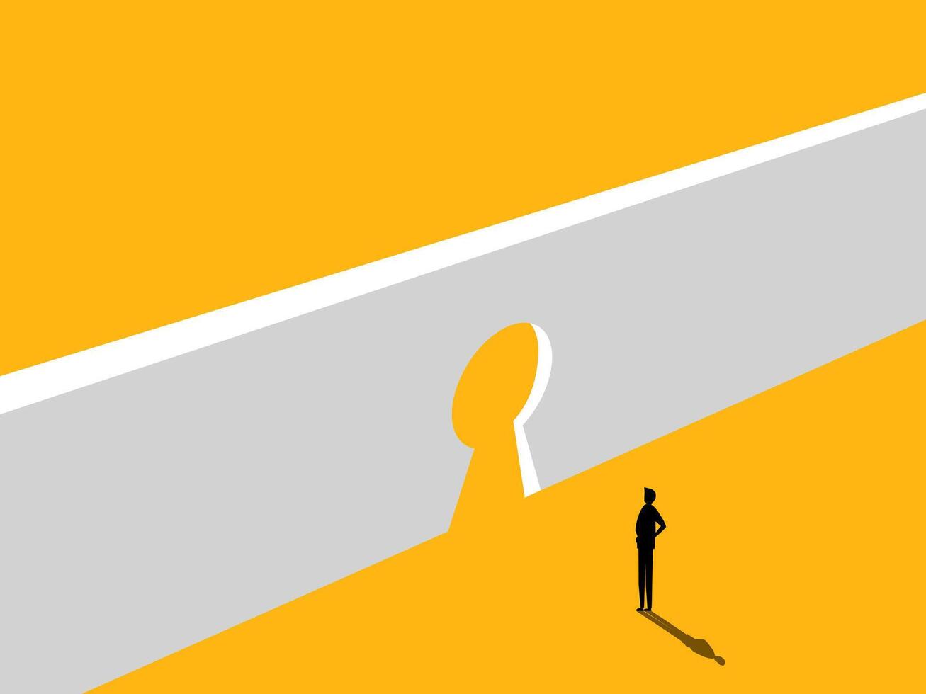 Career Solutions. Businessman Standing in Front of Keyhole. vector