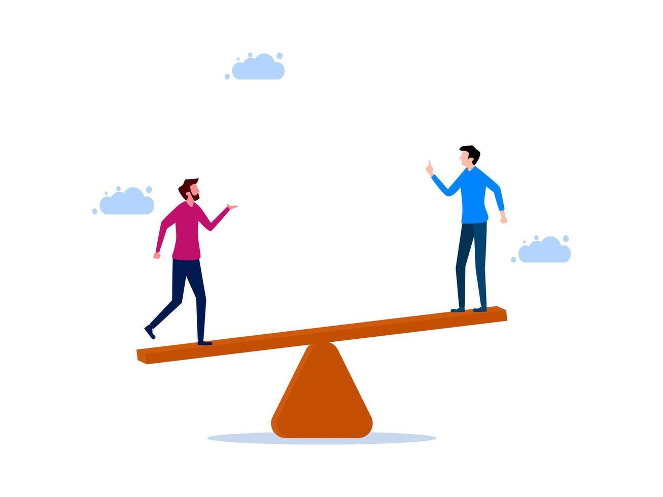 two people standing on a seesaw, one is talking to the other vector
