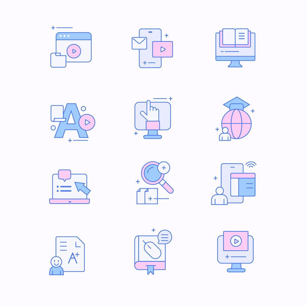E-learning education flat line icons. Set of graduation cap, training, desktop, laptop, learn online, webinar notebook, research information, media social and more. Editable Strokes. vector