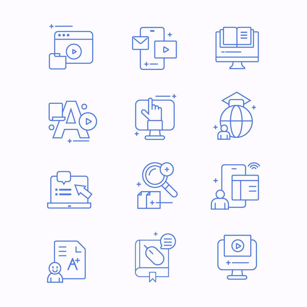 E-learning education flat line icons. Set of graduation cap, training, desktop, laptop, learn online, webinar notebook, research information, media social and more. Editable Strokes. vector