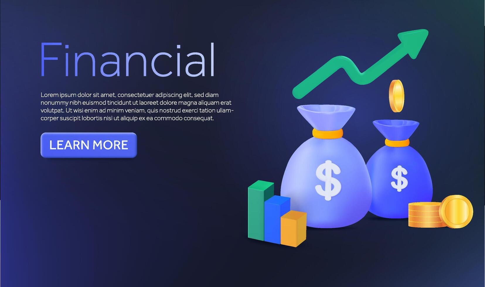3D Money bags with coins dollar sign and growth chart isolated on background. Banner design with CTA concept for financial, banking, advertising, promotion. 3d illustration vector
