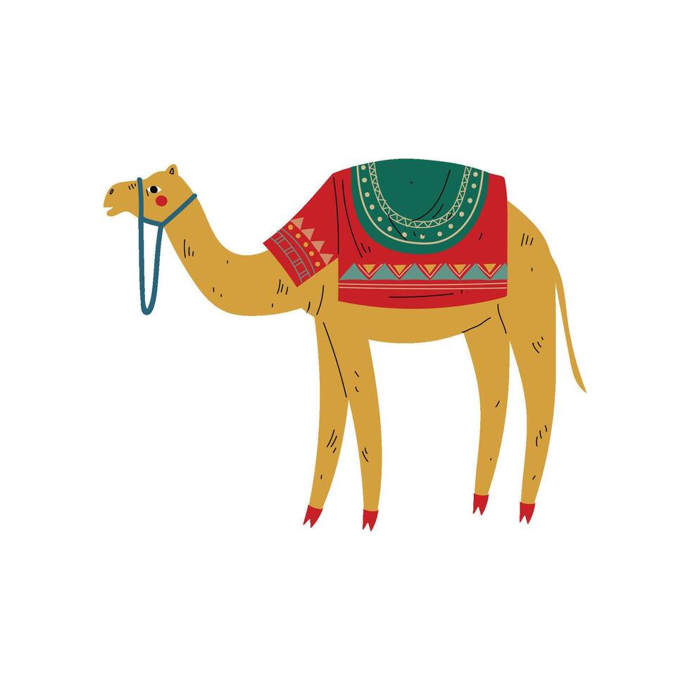 Camel with Saddle on the Back, Desert Animal, Symbol of Traditional Egyptian Culture Illustration vector