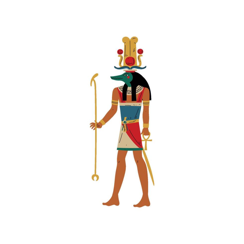 Seb, God of Water and Flood of Nile with Head of Crocodile, Symbol of Ancient Egyptian Culture Illustration vector