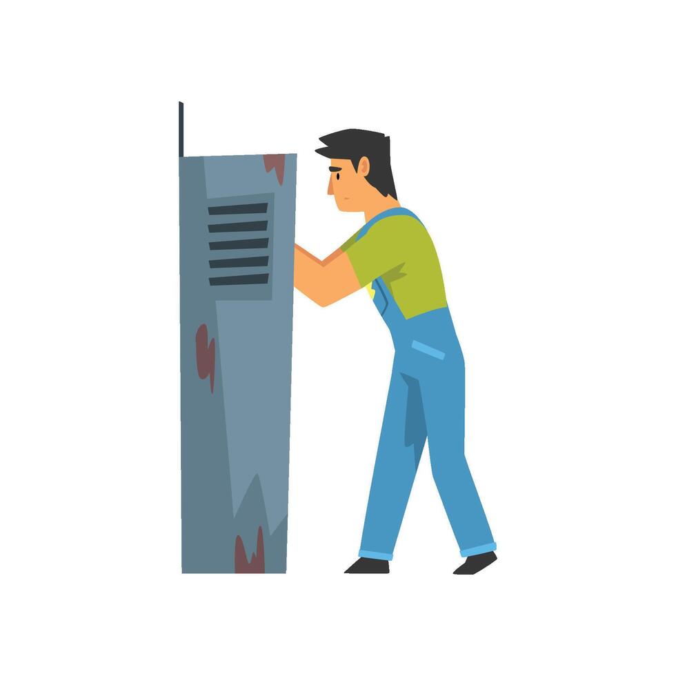 Electrician Engineer Repairing Equipment in Fuse Box, Electric Man Character in Blue Overalls Illustration vector