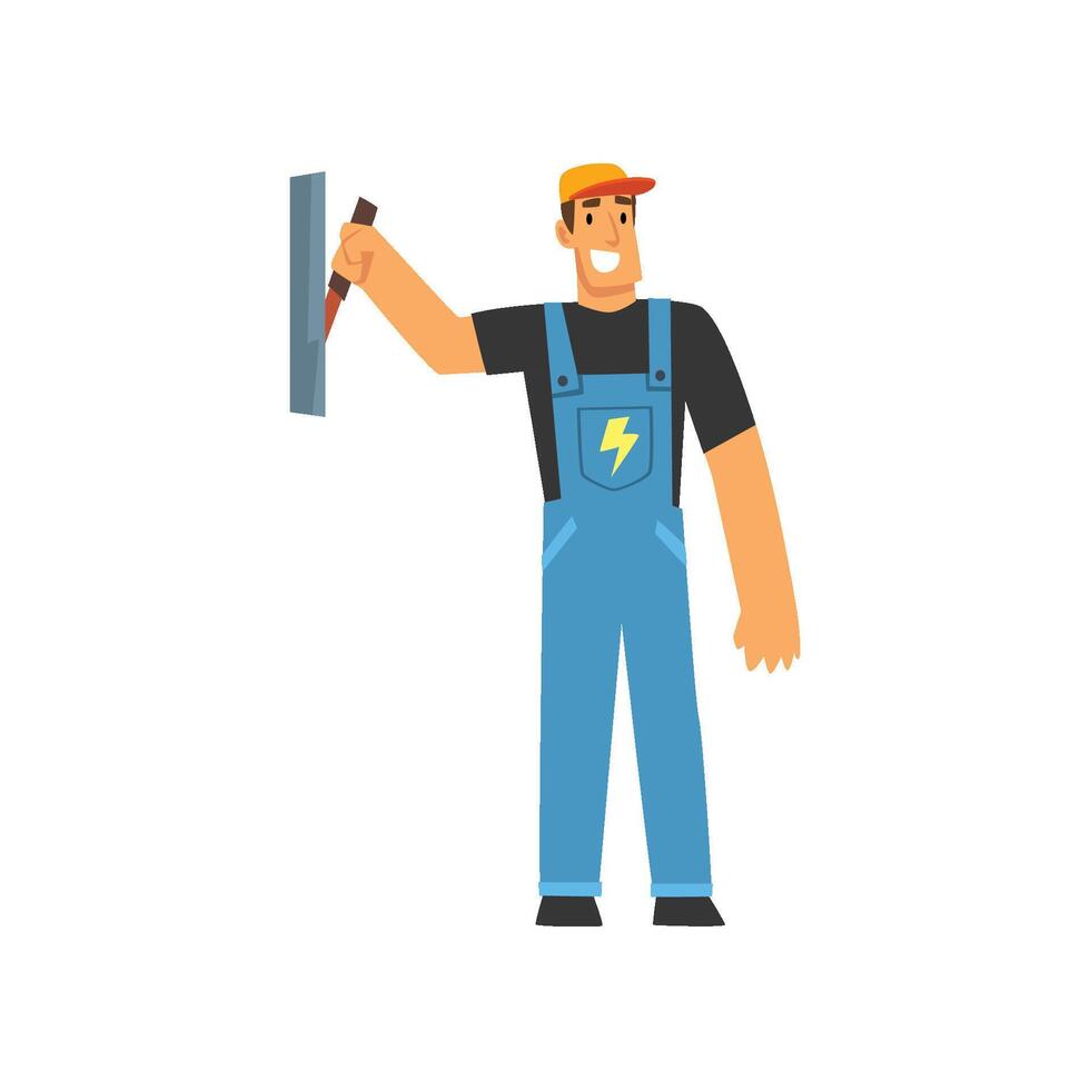 Professional Electrician with Power Switch, Electric Man Character in Blue Overalls at Work Illustration vector