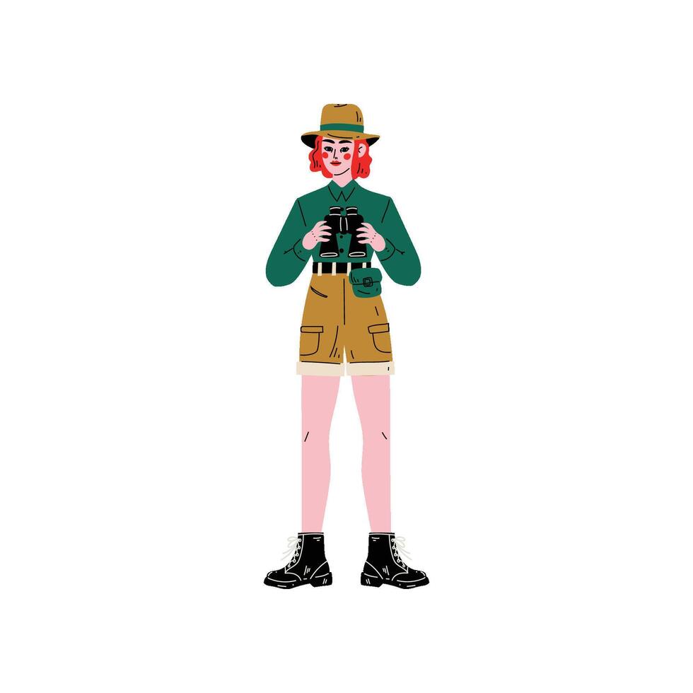 Female Explorer Character in Safari Clothes with Binoculars Illustration vector