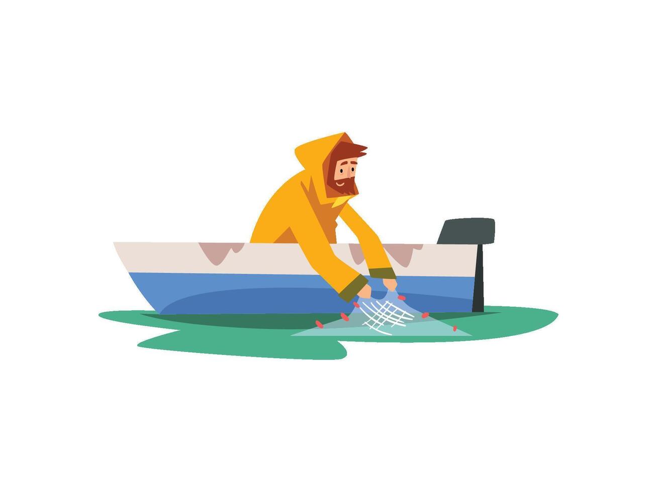 Fisherman Sitting in Boat with Fishing with Net, Fishman Character Wearing Raincoat Illustration vector