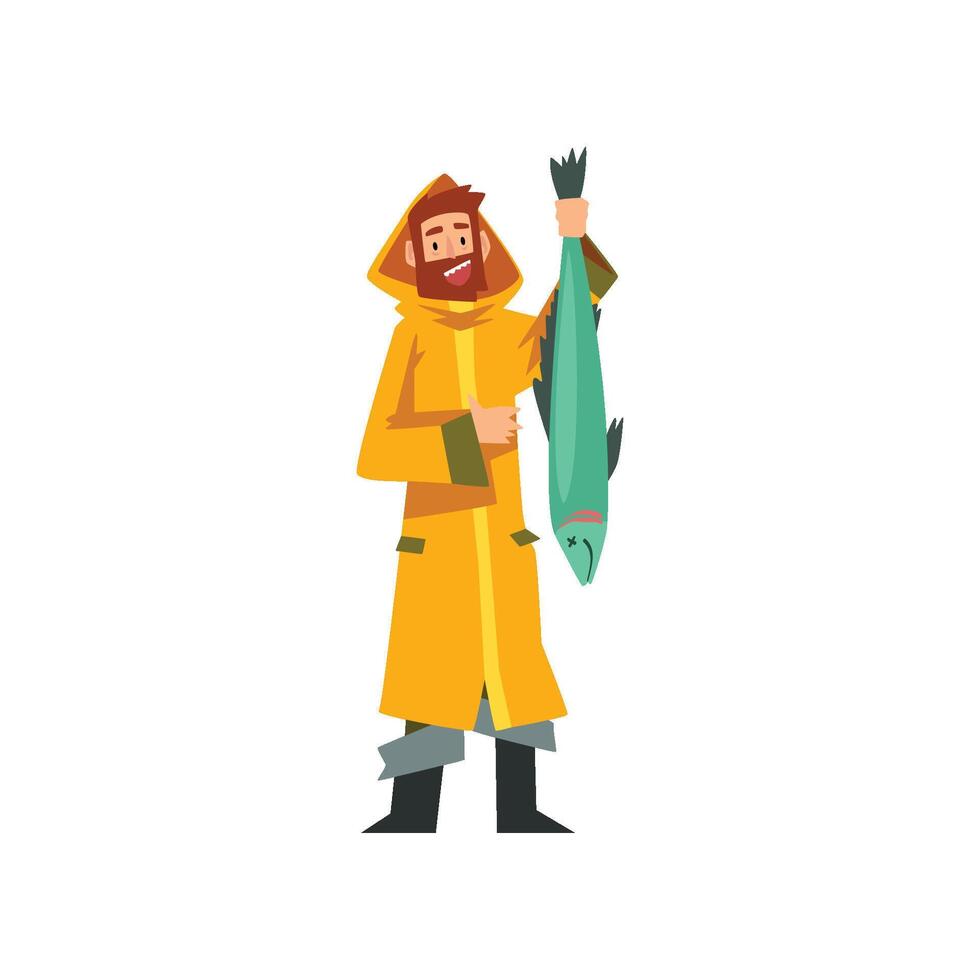 Fisherman Caught Big Fish, Fishman Character in Raincoat and Rubber Boots Illustration vector