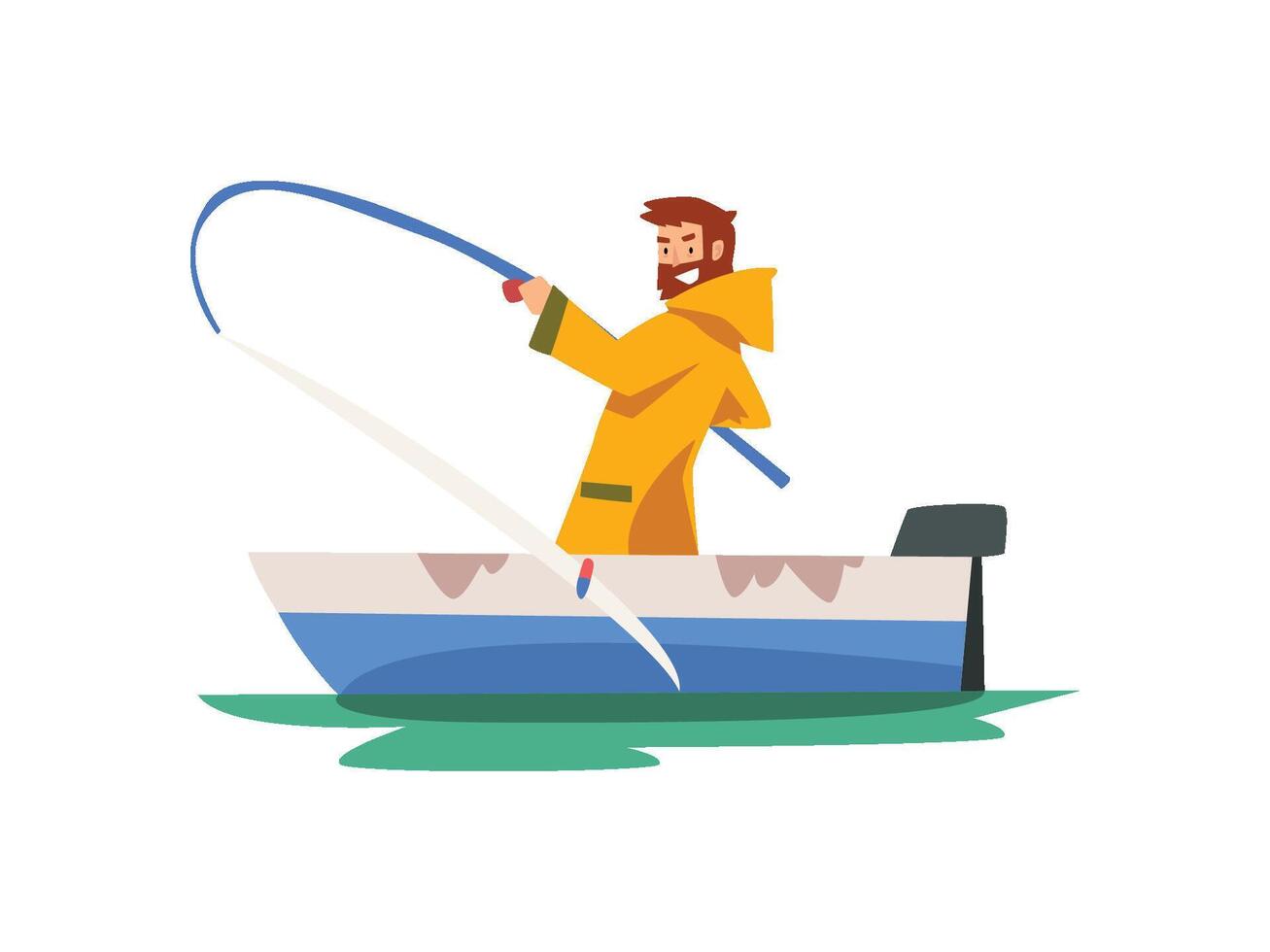 Fisherman Sitting in Boat and Pulling Big Fish, Fishman Character in Raincoat and Rubber Boots Illustration vector