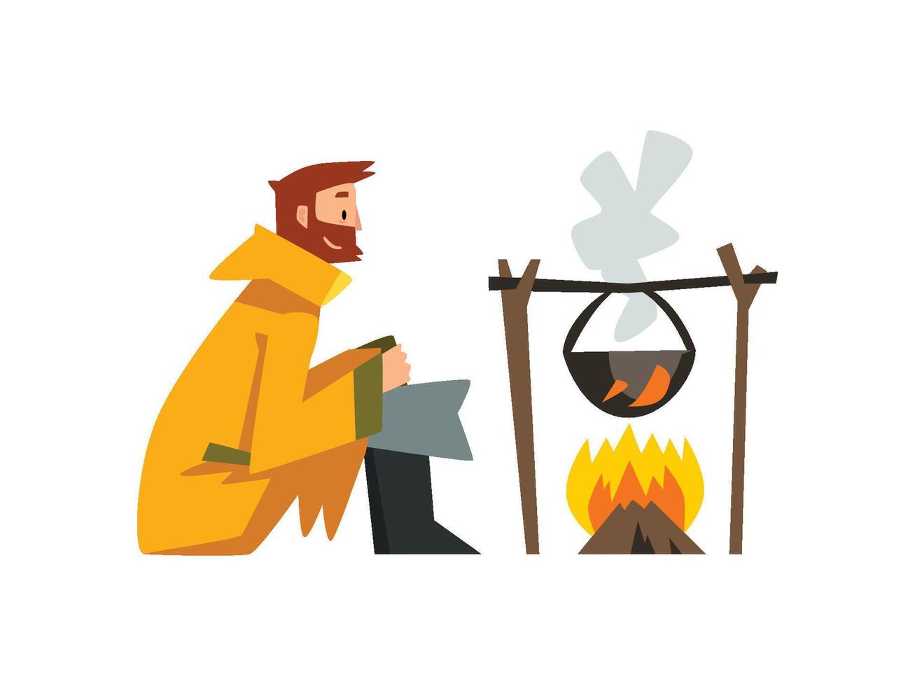 Fisherman Cooking Fish Soup in Cauldron Over Bonfire, Bearded Fishman Character in Raincoat and Rubber Boots Illustration vector