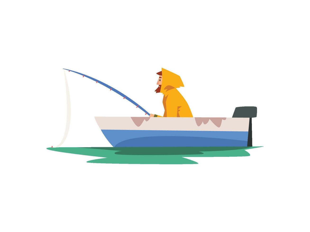 Fisherman Fishing with Rod in Motor Boat, Fishman Character in Raincoat and Rubber Boots Illustration vector