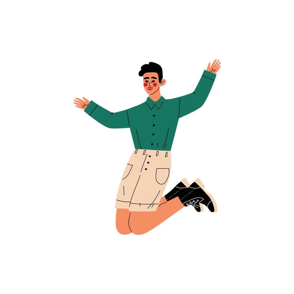 Happy Guy Jumping, Young Man Wearing Casual Clothes Celebrating Important Event, Dance Party, Friendship, Sport Concept Illustration vector