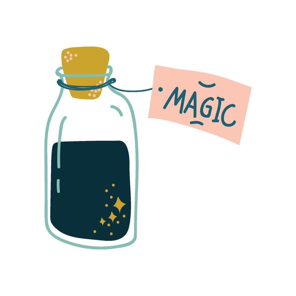 Potion Bottle, Glass Transparent Flask with Black Magic Liquid, Witchcraft Attribute Illustration vector
