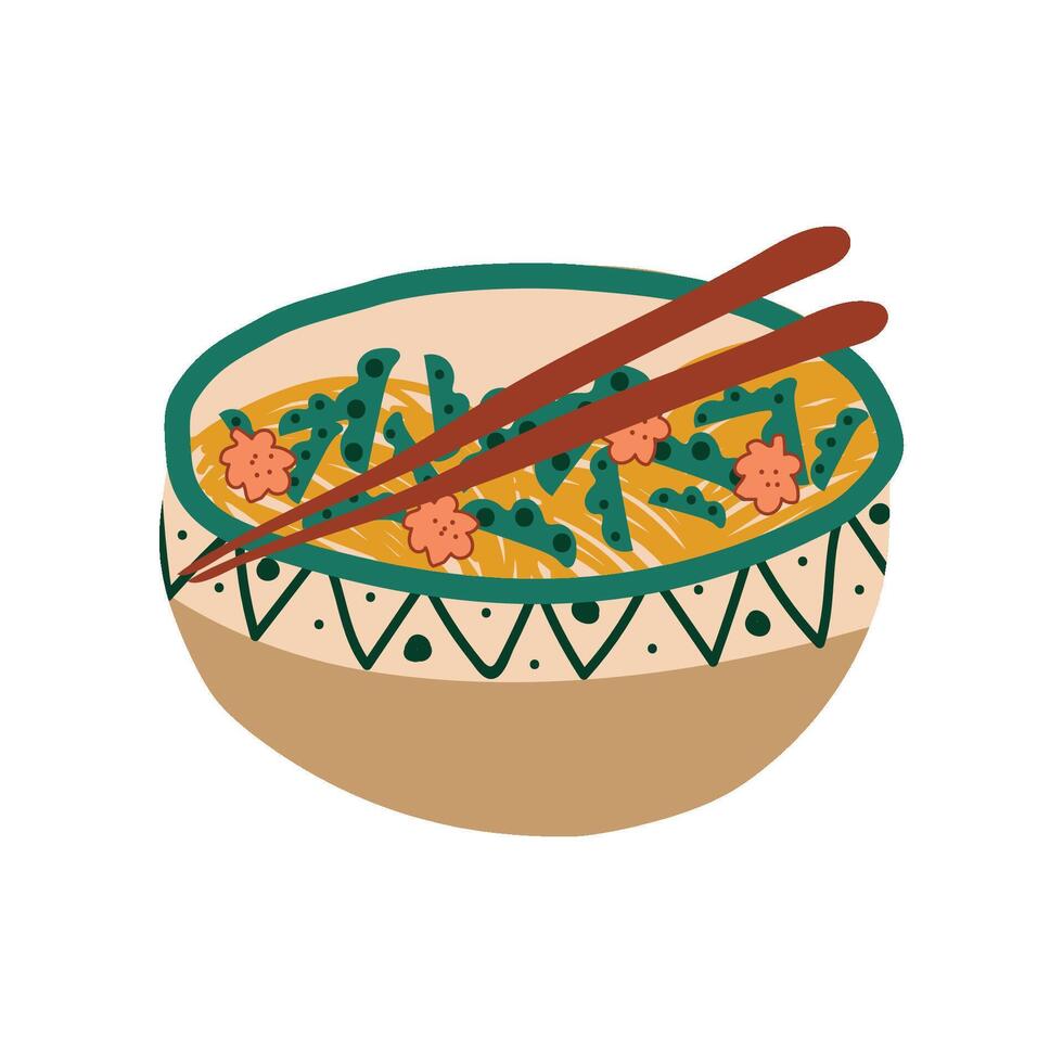 Ceramic Bowl of Noodles Soup with Vegetables and Chopsticks, Traditional Chinese or Japanese Food, Ramen Noodles Illustration vector
