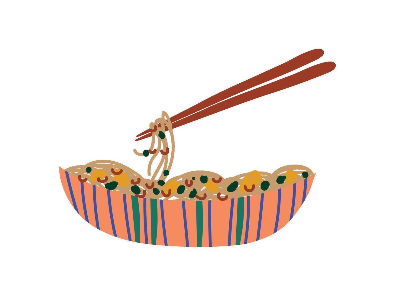 Bowl of Noodles with Vegetables and Chopsticks, Chinese or Japanese Food, Ramen Noodles Illustration vector