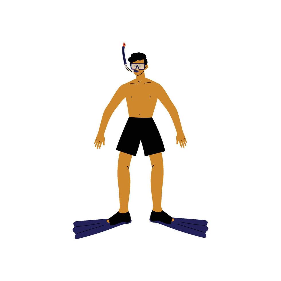 Male Diver with Scuba and Flippers, Guy Relaxing on Beach on Summer Vacations Illustration vector
