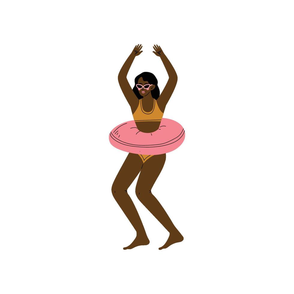 African American Girl Standing with Lifebuoy on Her Waist, Beautiful Woman Relaxing on Beach on Summer Vacations Illustration vector