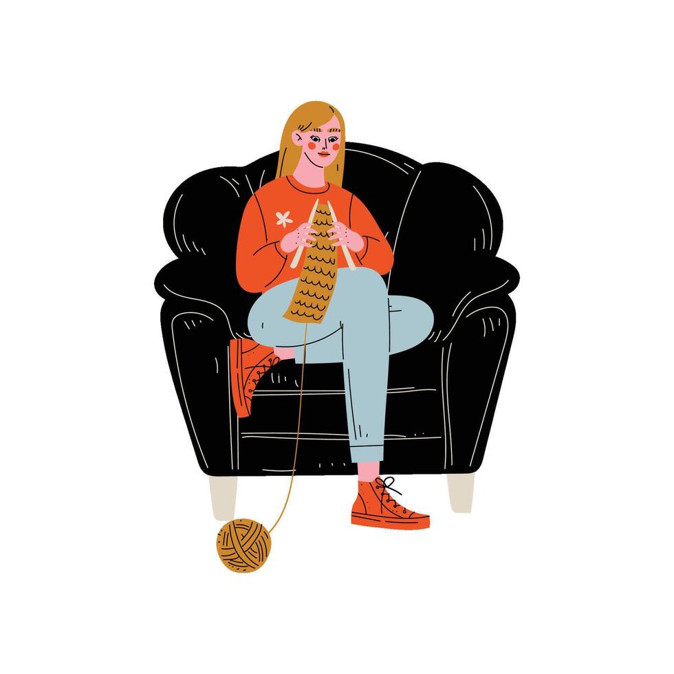 Young Woman Sitting in Armchair and Knitting, Girl Spending Weekend at Home and Relaxing Illustration vector