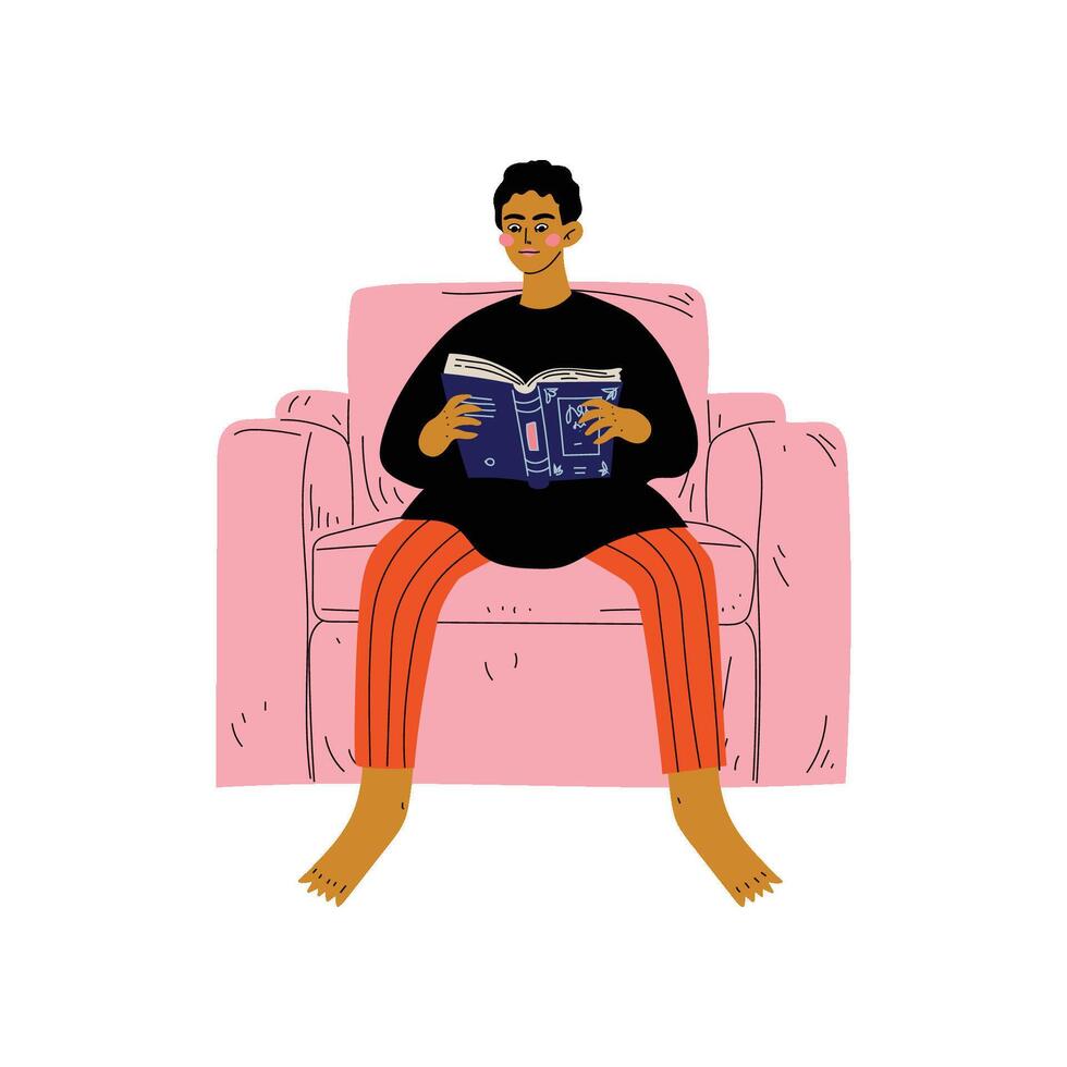 Young Man Sitting in Armchair and Reading Book, Guy Spending Weekend at Home and Relaxing, Rest at Home Illustration Illustration vector