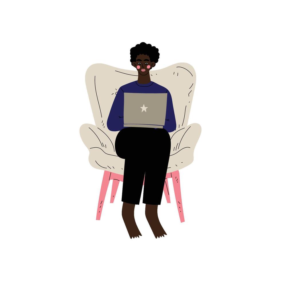 Young African American Man Sitting in Armchair Working with Laptop Computer, Girl Spending Weekend at Home and Relaxing Illustration vector