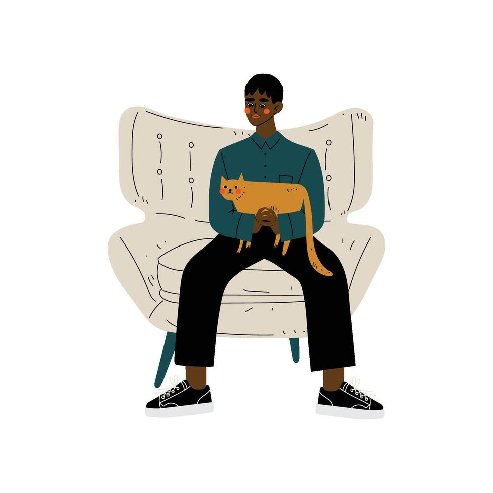 Young African American Man Sitting in Armchair with Cat in His Hands, Guy Spending Weekend at Home and Relaxing, Rest at Home Illustration vector