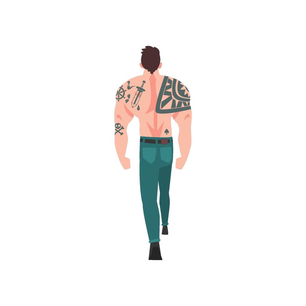 Muscular Man with Tattoo, Attractive Tattooed Guy with Bare Chest, Back View Illustration vector