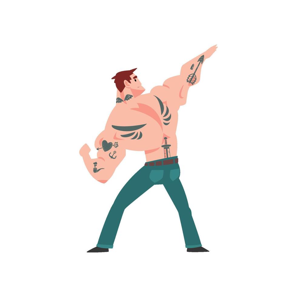 Brutal Muscular Man with Tattoo, Attractive Tattooed Guy with Bare Chest, Back View Illustration vector
