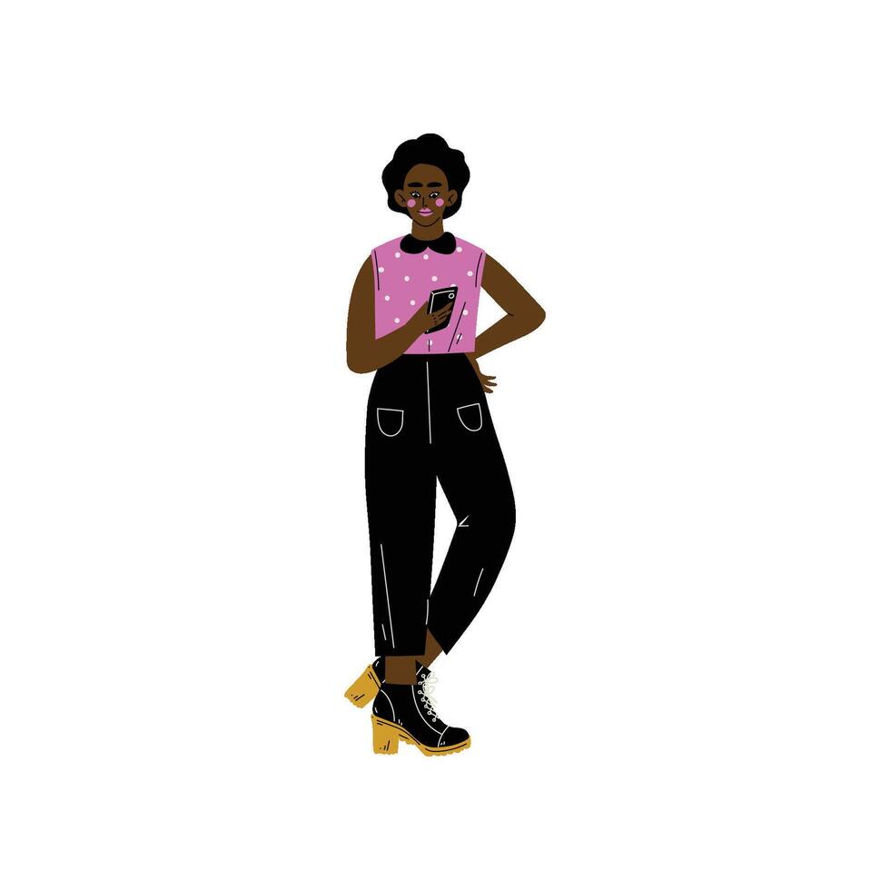 African American Girl in Modern Clothing with Smartphone, Trendy Creative Young Woman with Electronic Gadget Illustration vector