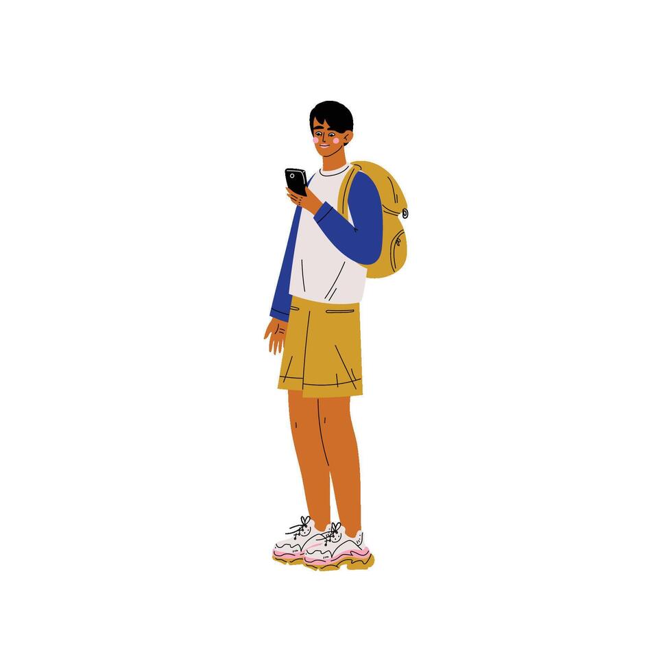 Young Man with Smartphone, Guy with Backpack Using Electronic Gadget Illustration vector