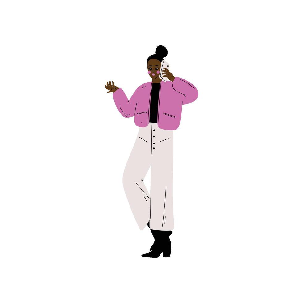 African American Woman in Modern Clothing Talking on Smartphone, Trendy Creative Girl with Electronic Device Illustration vector