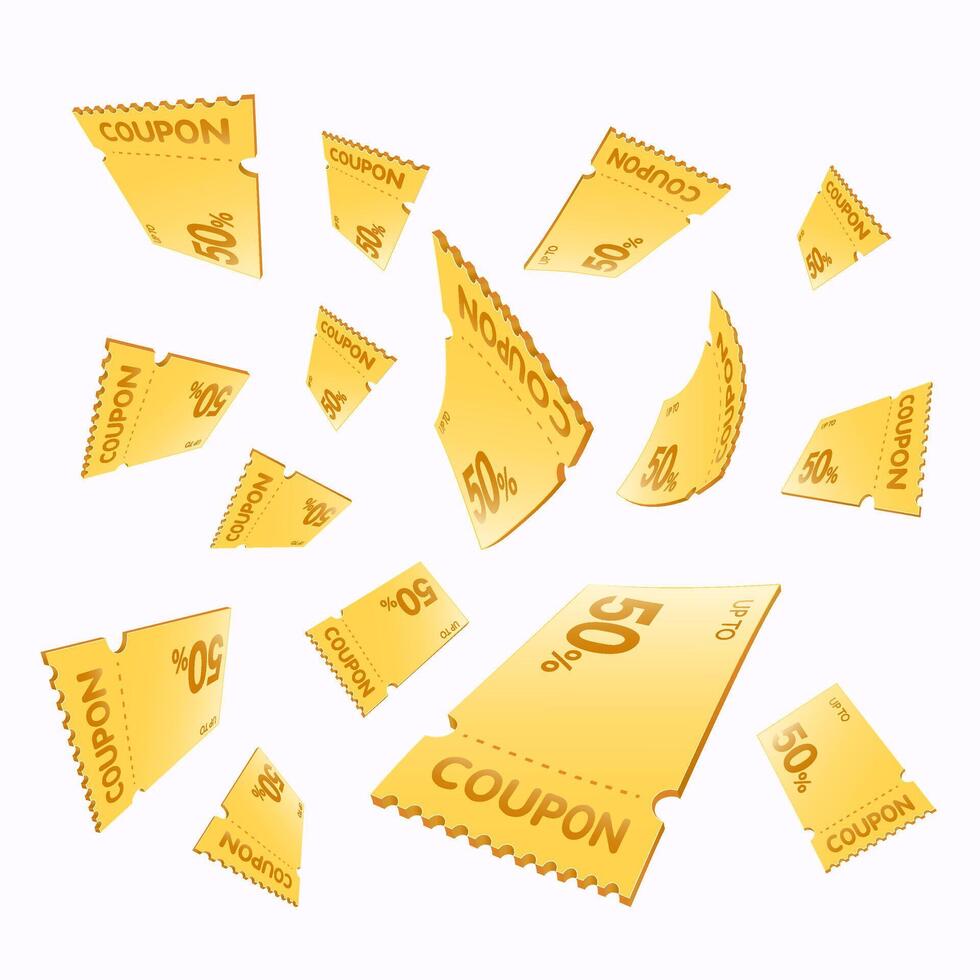 Vouchers and coupons concept. 3d illustration. gold vouchers and yellow coupons on white background. Rain of golden vouchers. Falling or flying coupons. vector