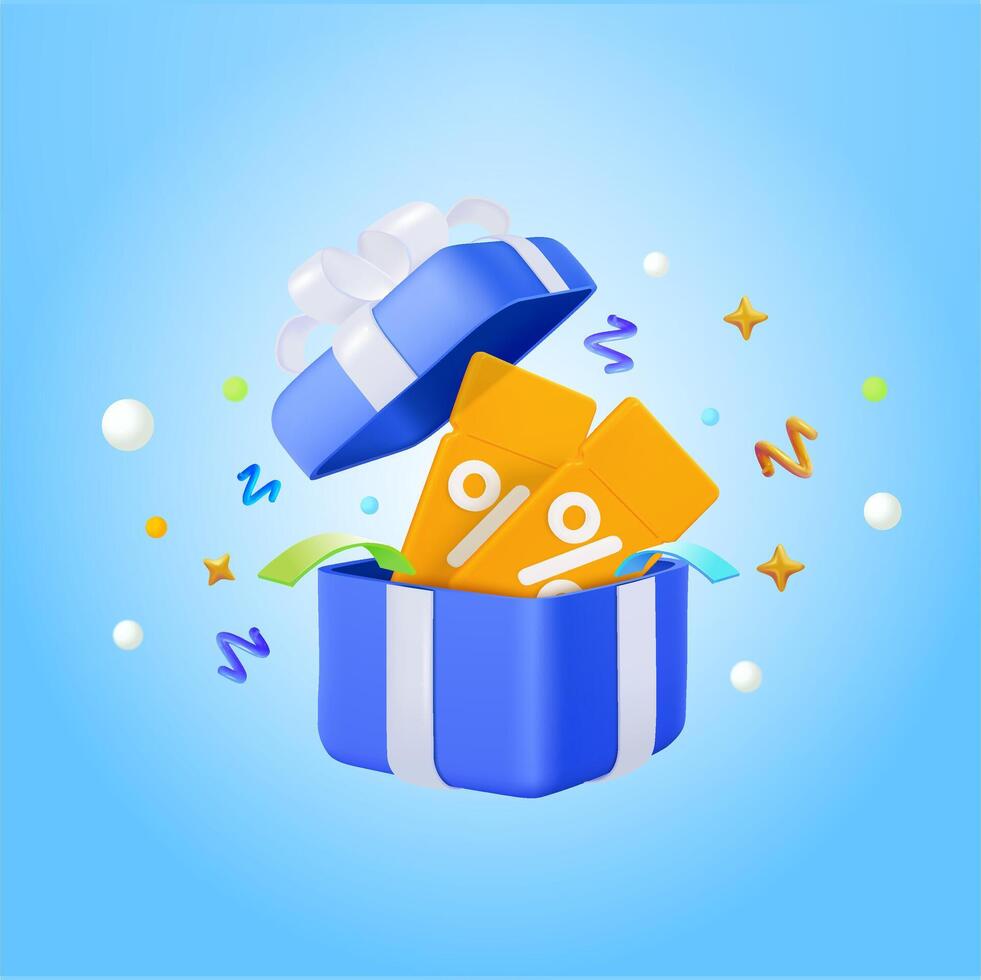 3d discount coupon, voucher event ticket icon badge, gift box with confetti special voucher concept. Holiday sale, lucky win surprise, benefit reward program offer, online shopping bonus vector