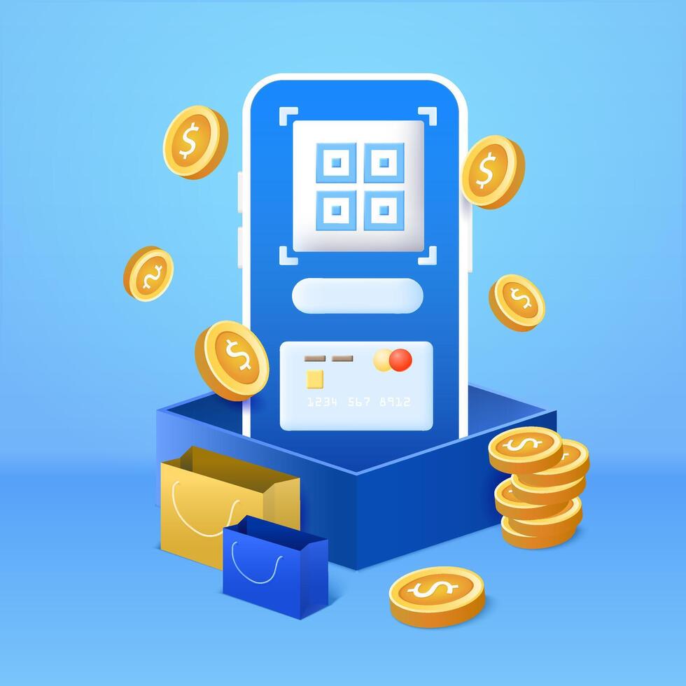 3D cardboard box with smartphone , credit card, debit card and flying coin money, currency on the blue background. Phone, box, app, gold coin. For promotions and favourable discounts. vector
