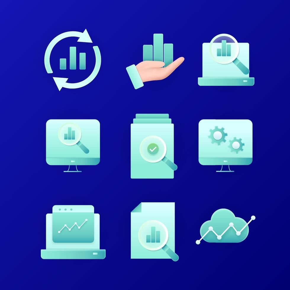 Data analysis icons. Set of business, research, market, computer, laptop, cloud data, database and more vector